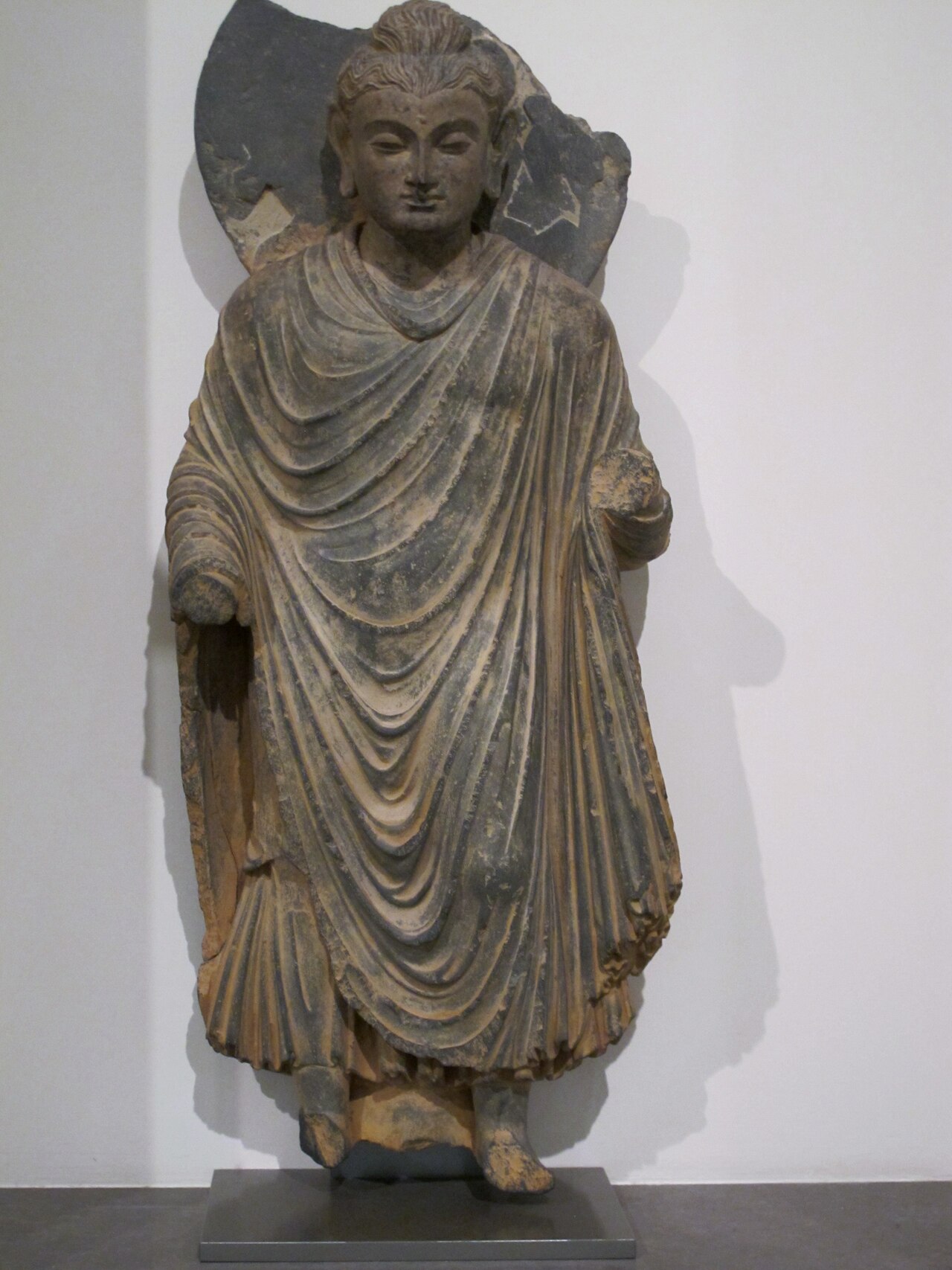 A standing Buddha carved in Gandhara in grey schist, wrapped in heavy classical drapery folds, photographed at the Guimet Museum.