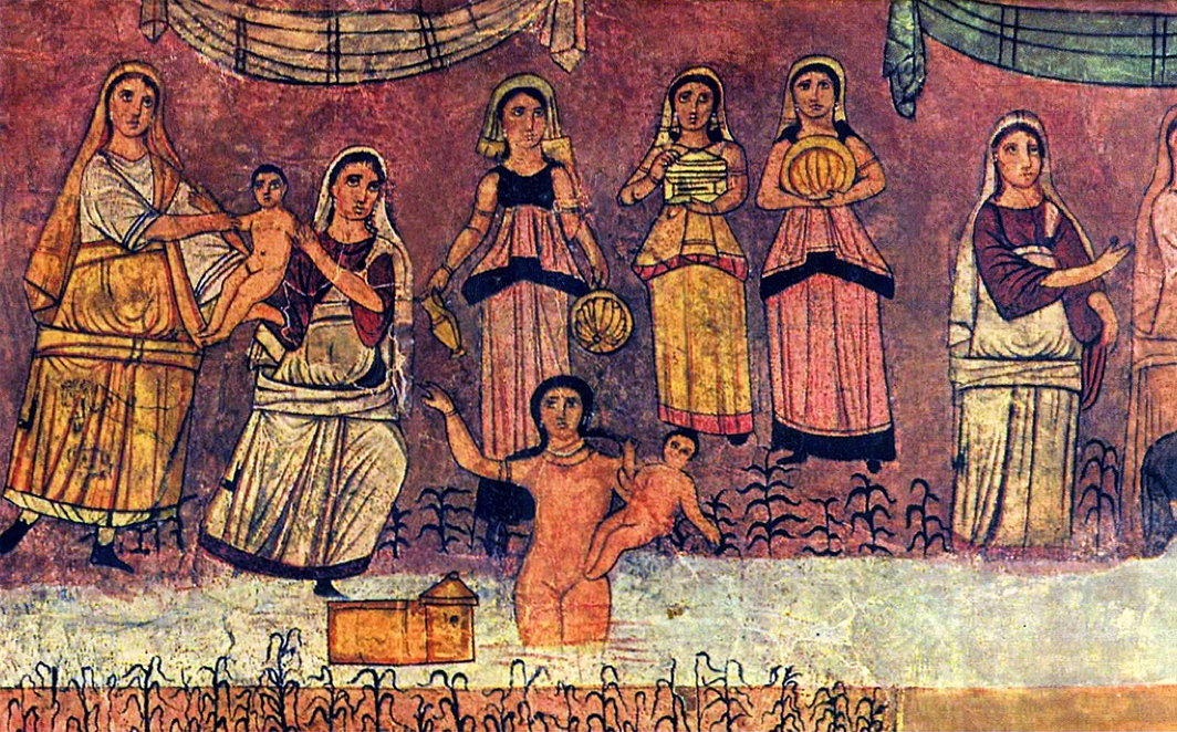 The Dura-Europos synagogue fresco of the infant Moses in the Nile: Pharaoh's daughter and her attendants at the riverbank, the ark floating below.