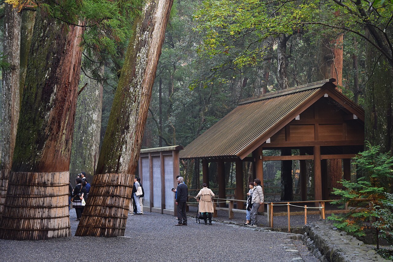 A plain wooden shrine building with a thatched roof stands among towering cedars in the sacred forest of the Ise Grand Shrine.