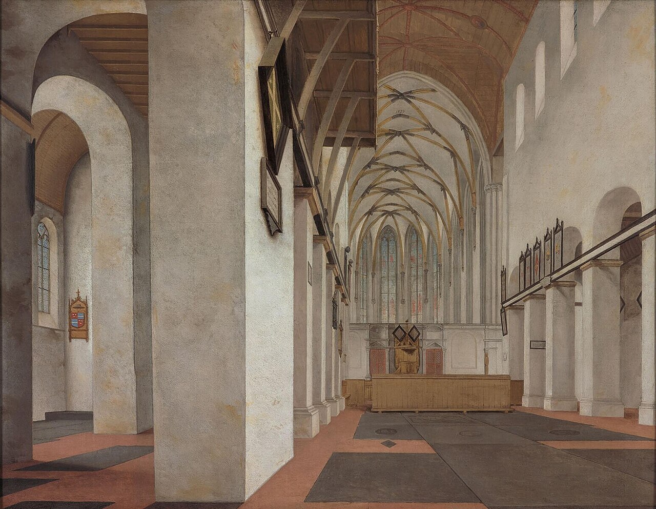 Pieter Saenredam's painting of the whitewashed, image-free interior of the Cunerakerk at Rhenen, bare walls and a plain pulpit under Gothic vaults.