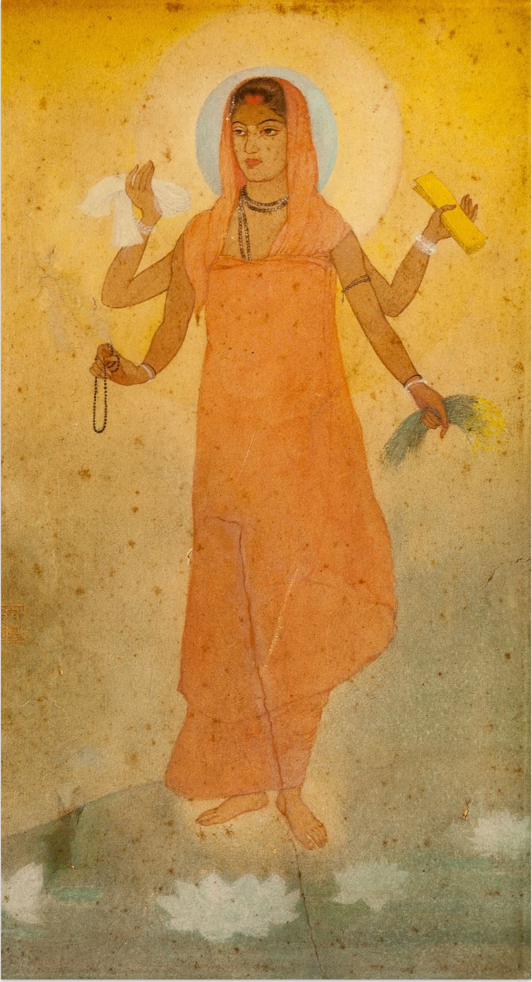 Abanindranath Tagore's Bharat Mata: a four-armed, saffron-robed Mother India holding a book, cloth, sheaves of rice, and prayer beads.