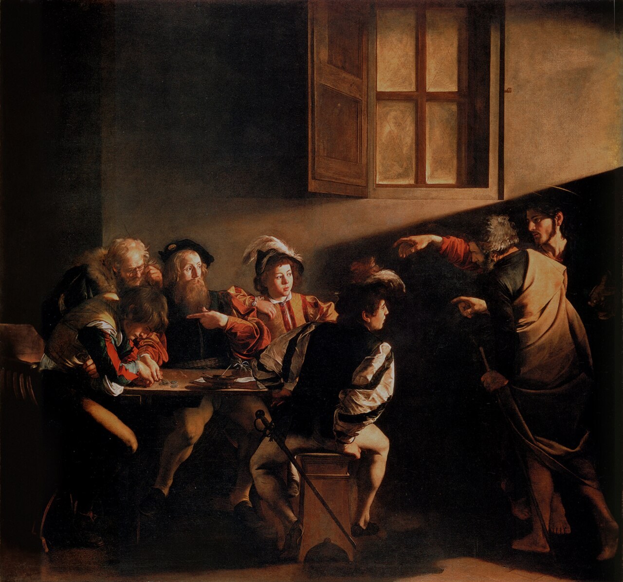 Caravaggio's Calling of Saint Matthew: Christ entering a dim tax office and pointing to Matthew, who gestures toward himself across a table of coins.