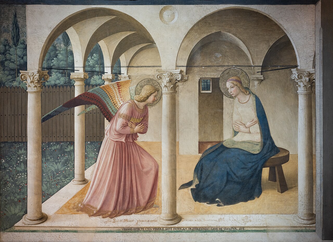 Fra Angelico's Annunciation fresco at San Marco: the angel Gabriel bowing before the seated Virgin under a columned loggia.