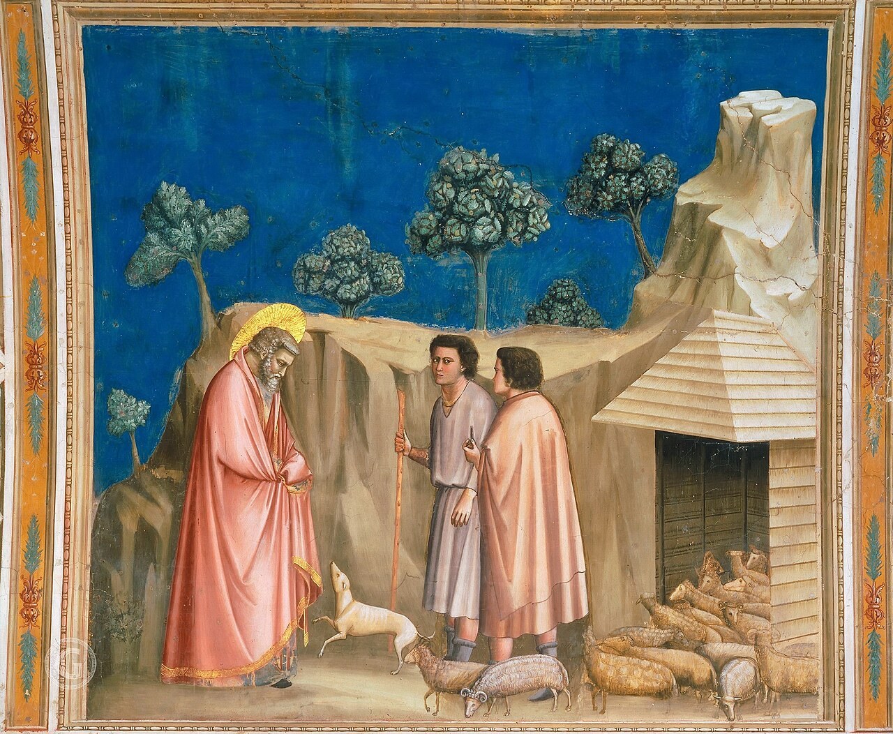 Giotto's Scrovegni Chapel fresco of Joachim among the shepherds: the haloed Joachim in a pink robe with two shepherds, a dog, and a flock of sheep.