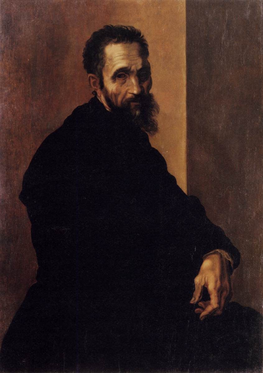 Jacopo del Conte's painted portrait of Michelangelo: the bearded artist in black, turned toward the viewer.