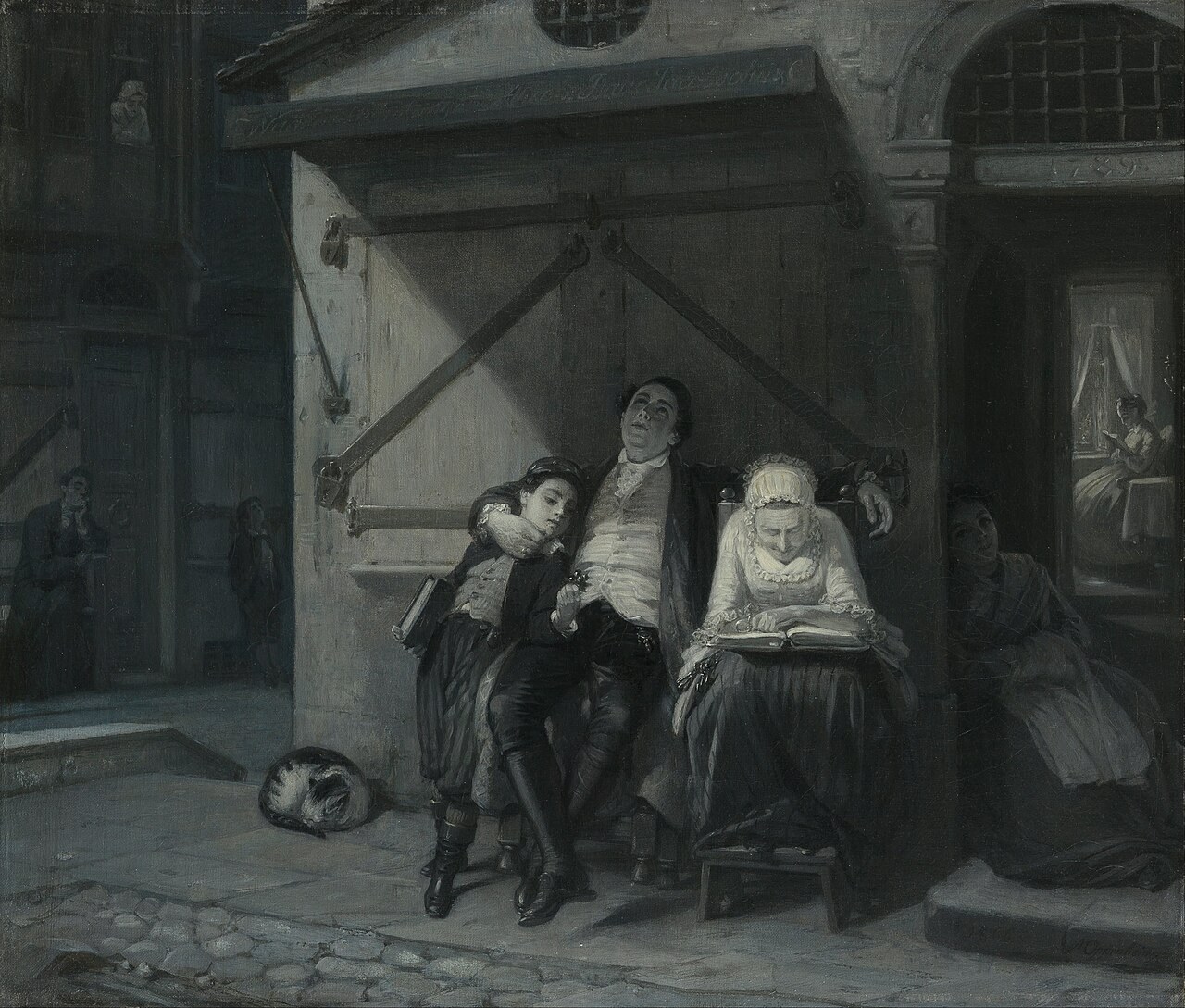 Oppenheim's painting Sabbath Rest: a Jewish family resting on a bench outside their home at the Sabbath, the mother reading, in a moonlit street.