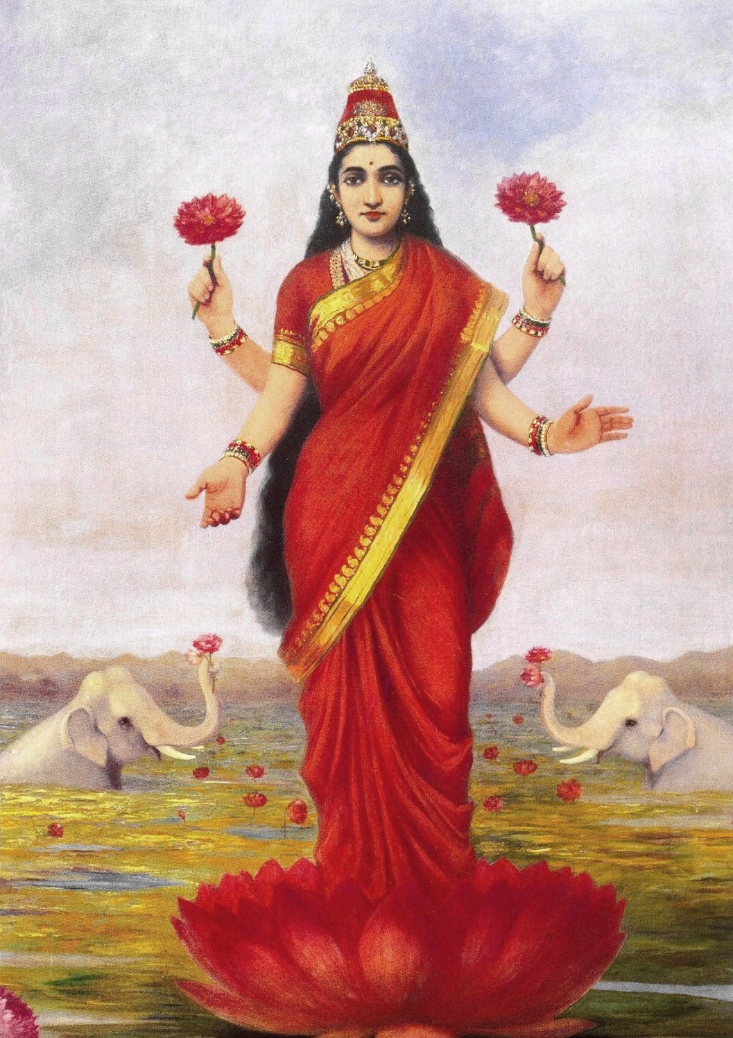 Raja Ravi Varma's goddess Lakshmi in a red sari, standing on a lotus and flanked by two elephants, as issued in his oleographs.