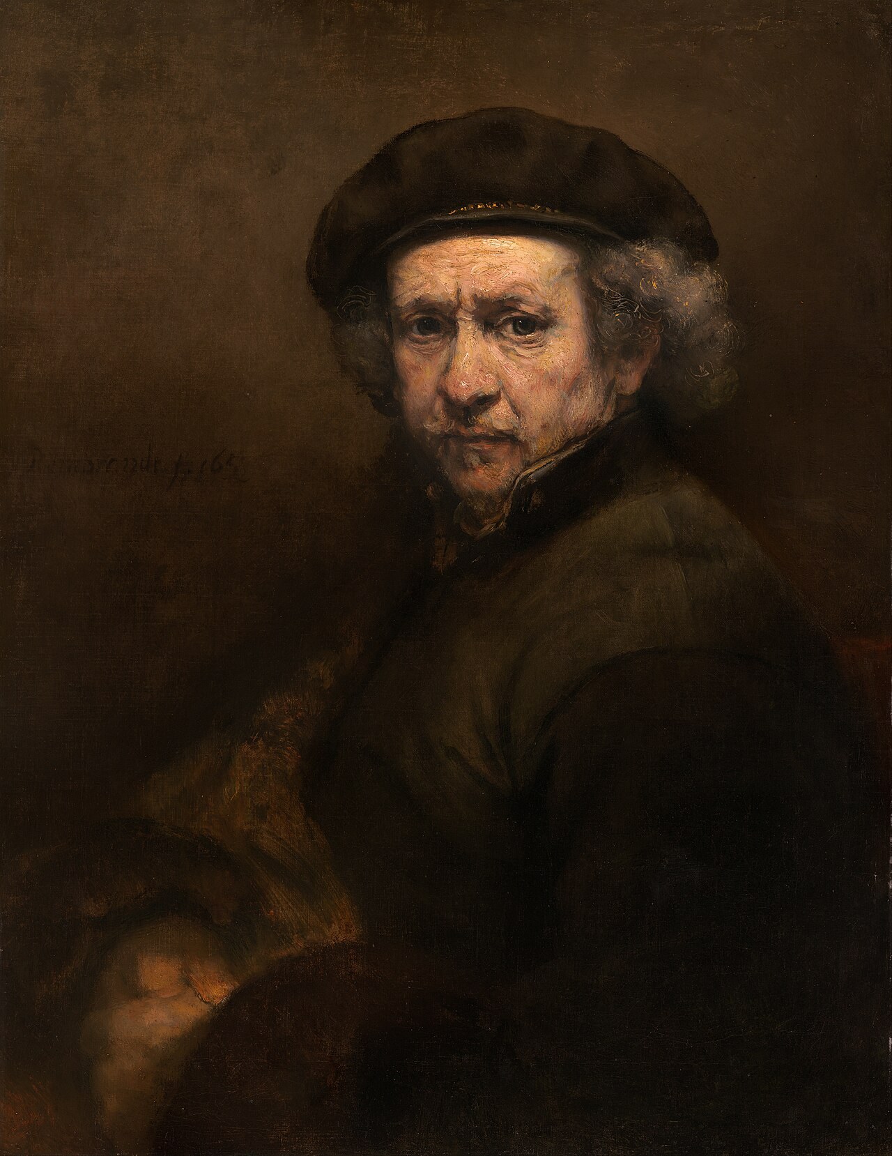 Rembrandt's late self-portrait: the aging artist in a dark beret and fur-trimmed coat, lit against a brown background.