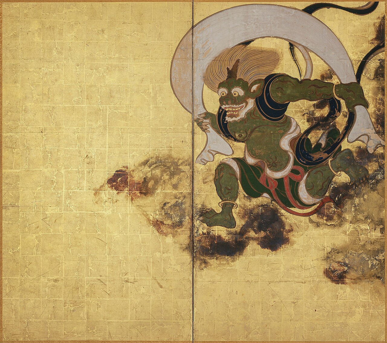 Sotatsu's Wind God screen: the green demon Fujin strides across a gold-leaf ground clutching his great white wind bag, its streamers curling behind him.