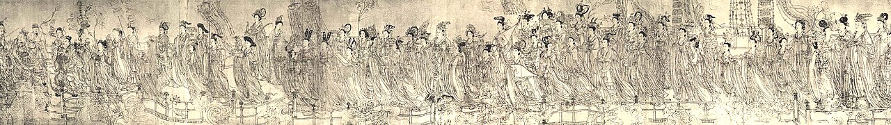 A long horizontal detail of the Eighty-Seven Immortals handscroll, attributed to Wu Daozi: dozens of robed celestial figures in flowing procession, drawn in fine uninked line.