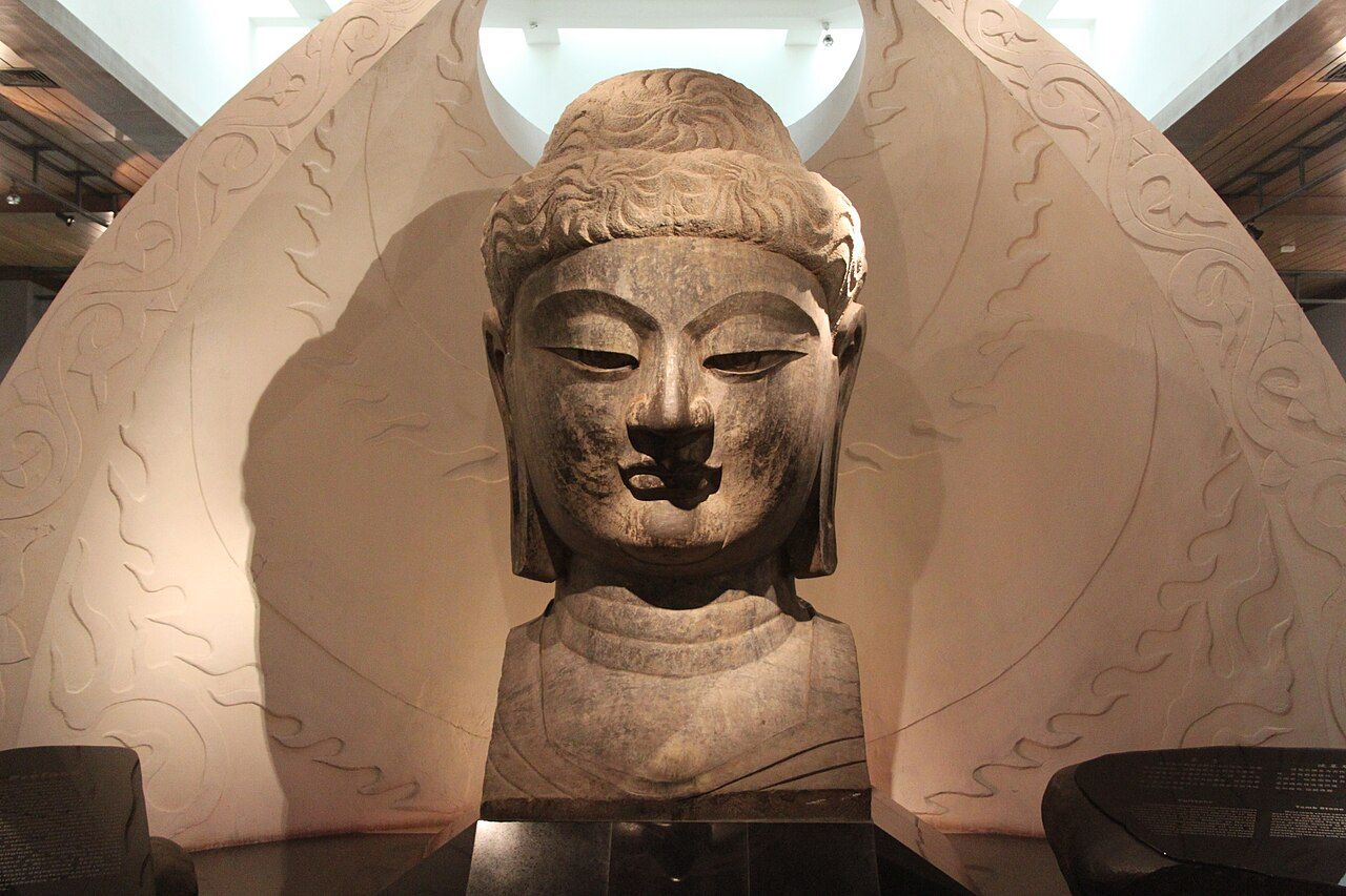 A stone head of the Buddha