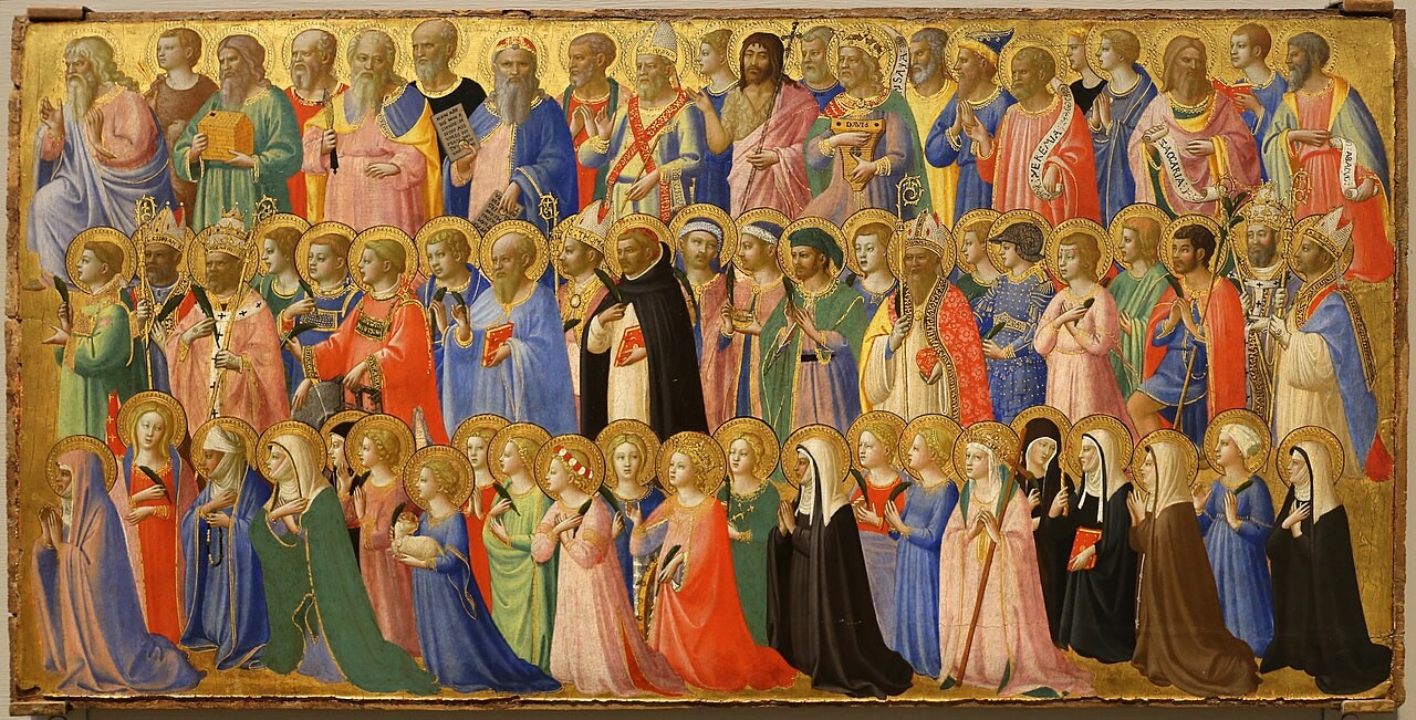 Fra Angelico's court of paradise, ranks of saints around Christ in glory.