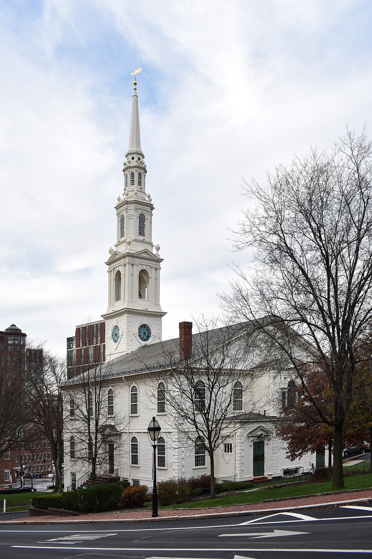 The First Baptist Church in Providence, Rhode Island, with its white steeple.