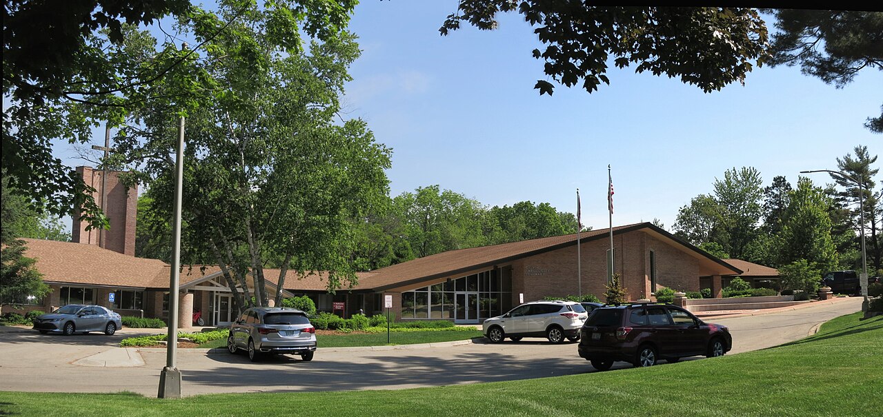 Low modern seminary buildings around a green lawn at Calvin Theological Seminary in Grand Rapids.