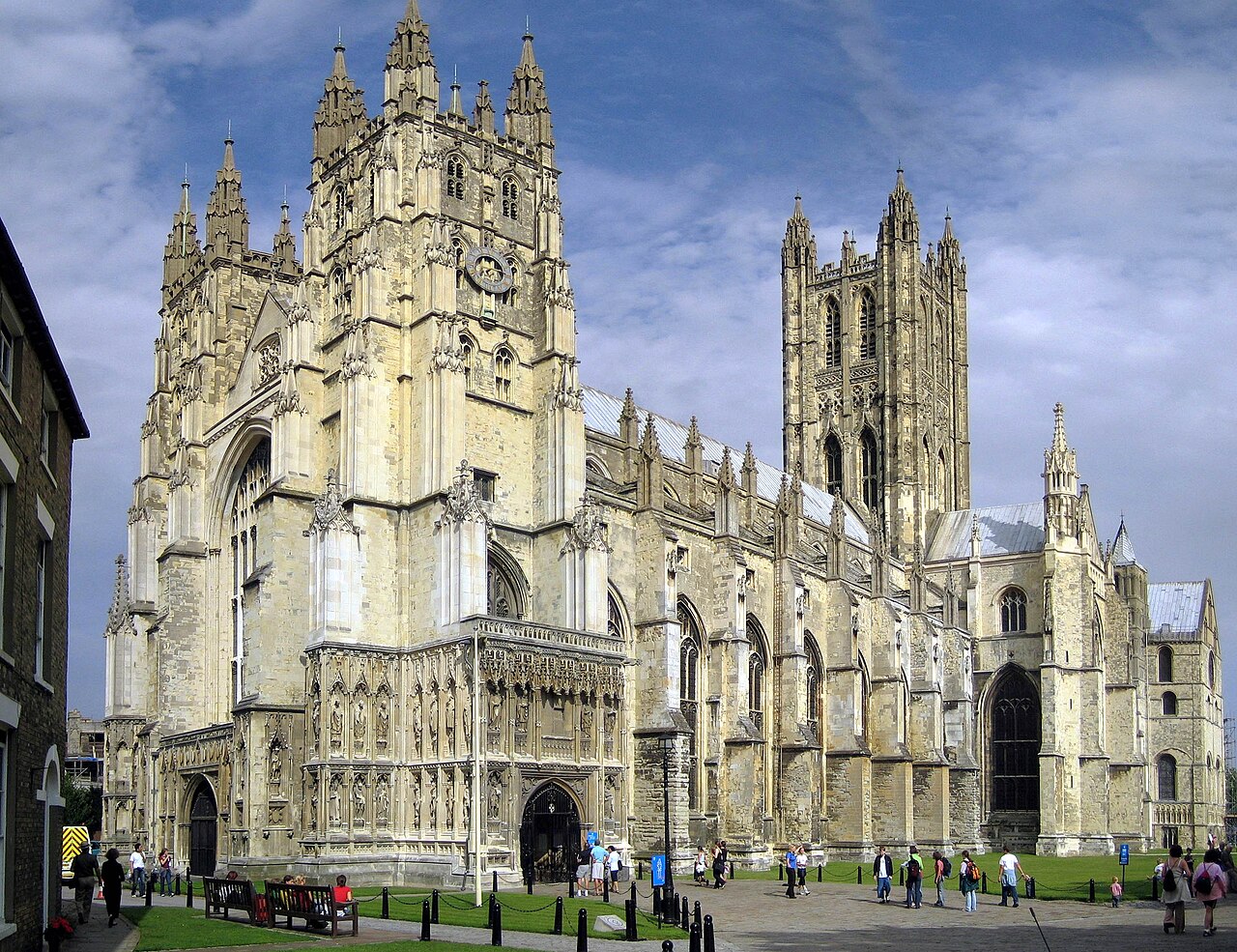 Canterbury Cathedral from the south, its towers and spires against the sky.