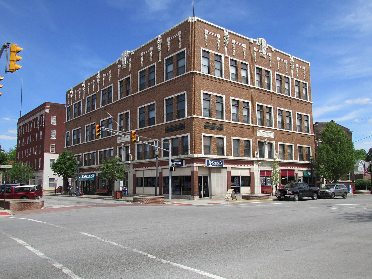 The brick Mason Temple building in Memphis, the Church of God in Christ's headquarters temple, on its street corner.