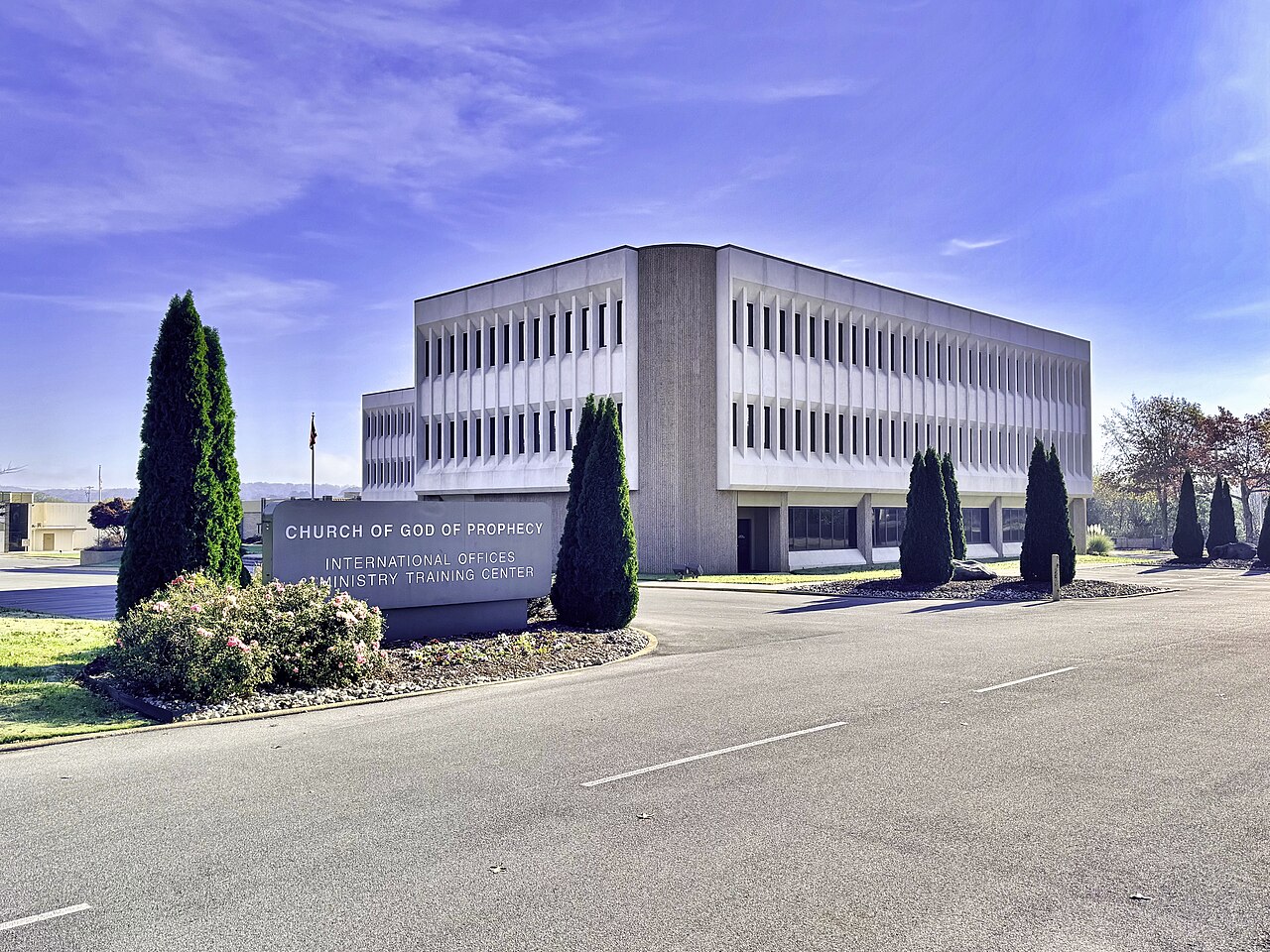 The Church of God of Prophecy's international offices in Cleveland, Tennessee, its name on the sign by the road.