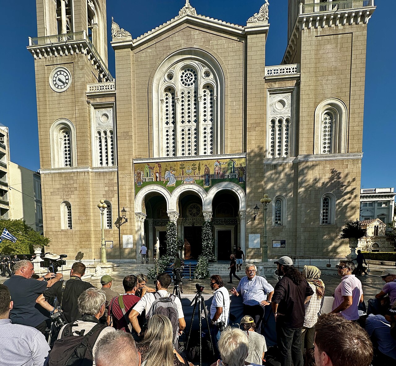 The Metropolitan Cathedral of Athens, a crowd gathered before its facade.