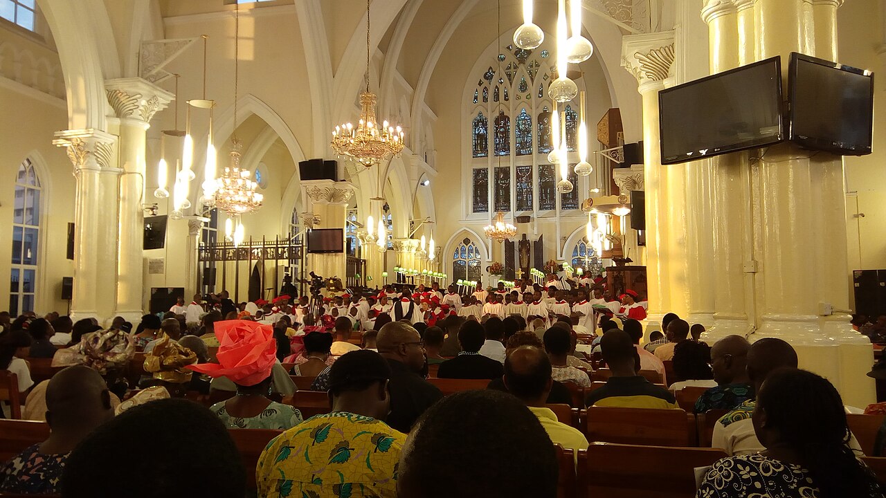 Inside the Cathedral Church of Christ at Marina, Lagos, filled with worshippers.