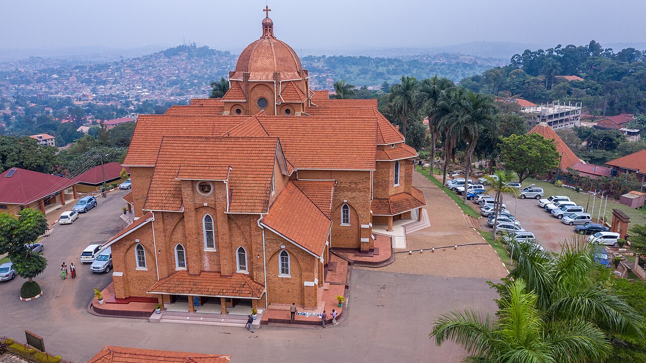 Namirembe Cathedral on its hill in Kampala, seen from the air.
