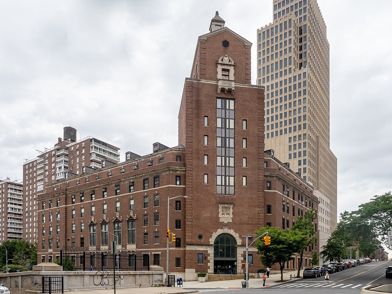 The brick tower block of the Jewish Theological Seminary rises over Morningside Heights in New York.