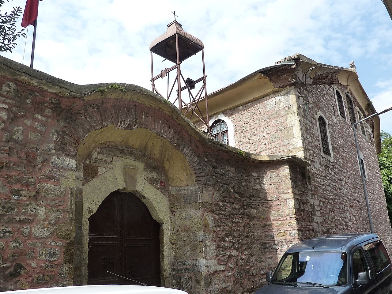 The stone Church of St George at the Phanar in Istanbul, its wooden bell tower above the wall.