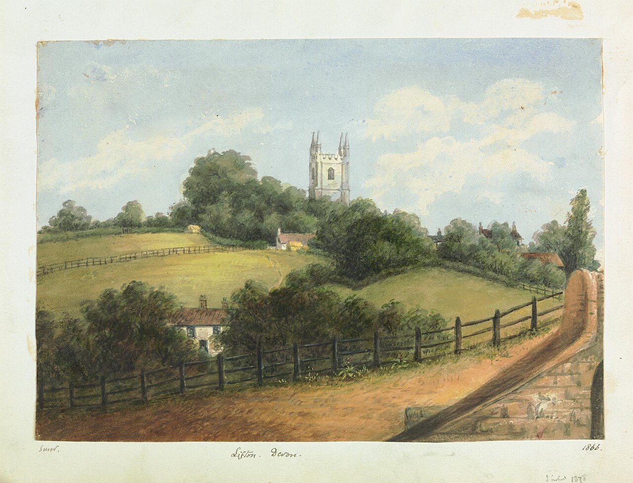 A watercolor painting of a small country church with a tower, standing on a green hill.