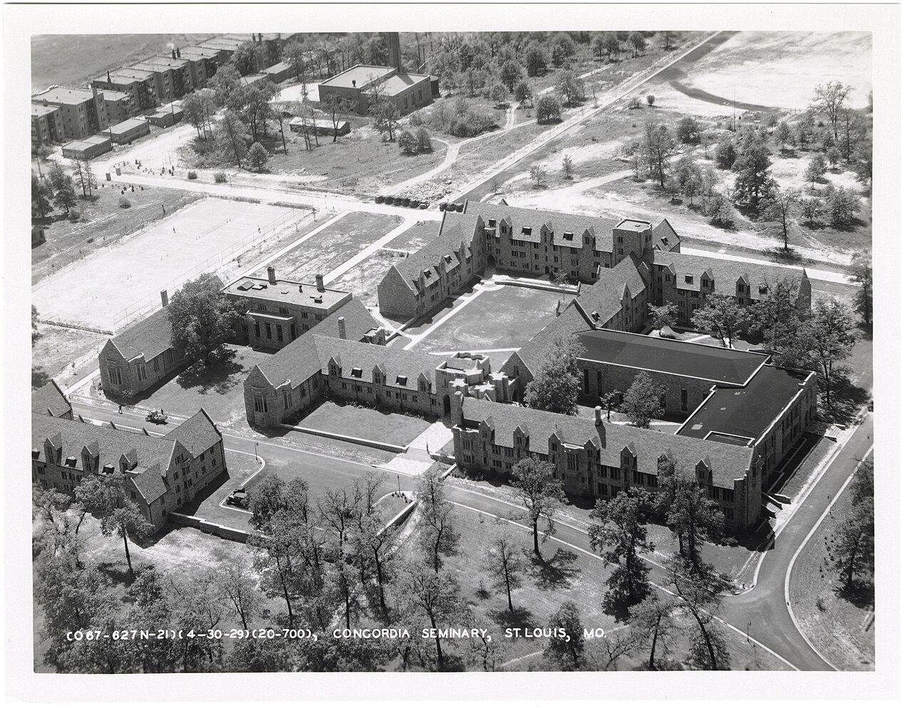 A black-and-white aerial view of the Concordia Seminary campus in St. Louis.