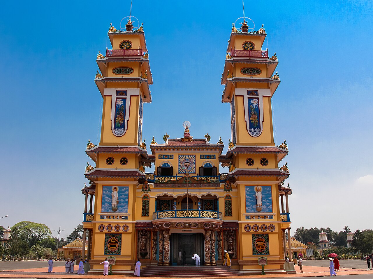The Cao Dai Holy See at Tay Ninh in Vietnam, seen straight on: the twin towers of the Great Temple, the seat of the Cao Dai religion.