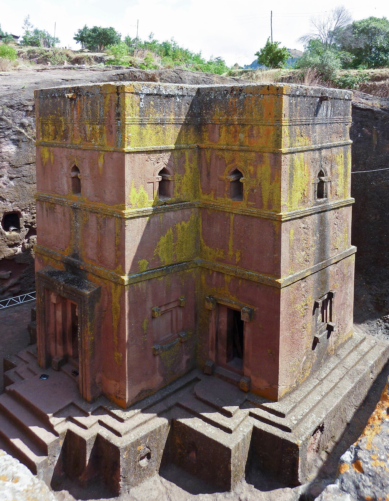 The rock-hewn Church of Saint George at Lalibela, Ethiopia, in its stone trench.