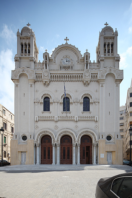 The front of the Greek Orthodox Cathedral of the Annunciation in Alexandria, Egypt.