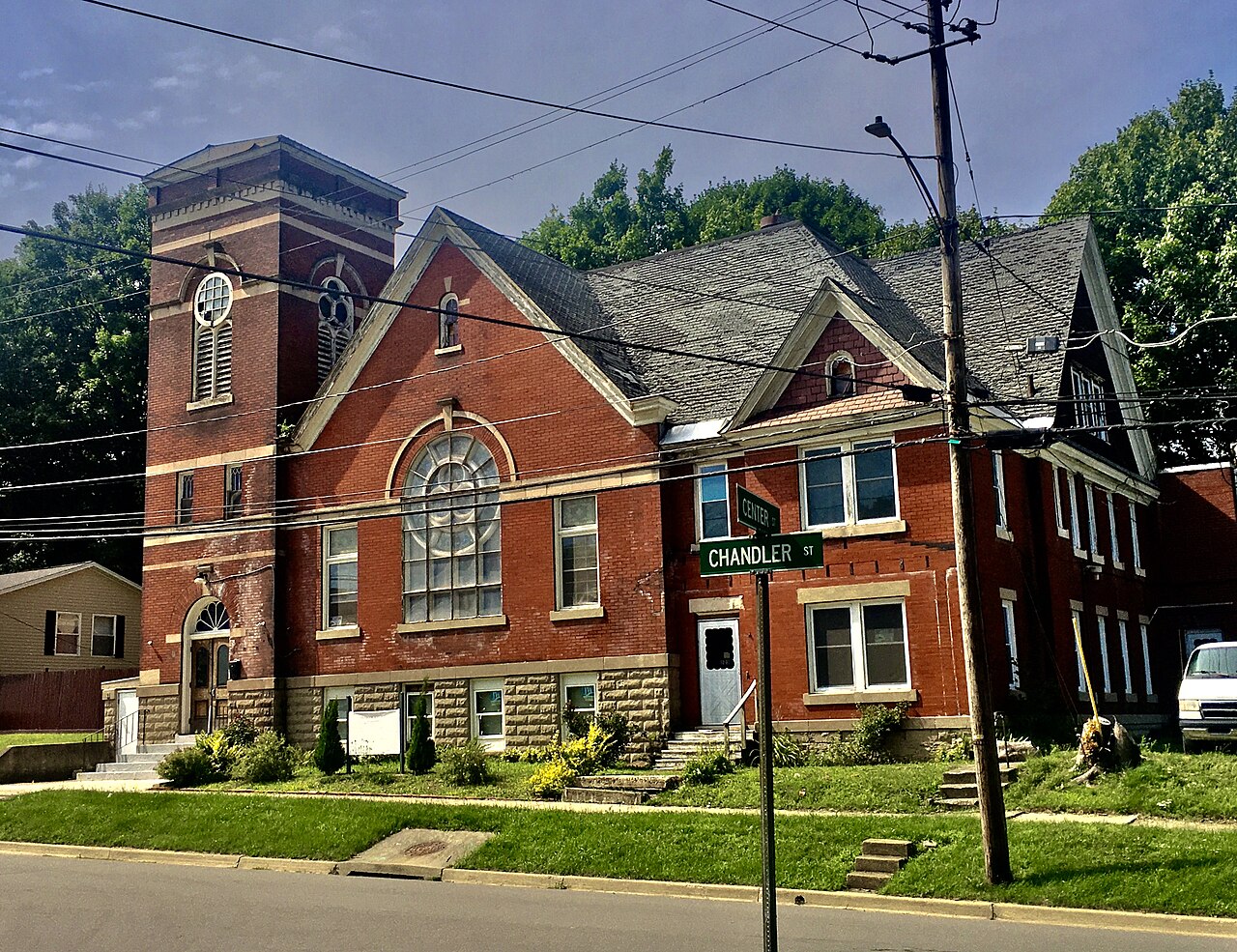A red-brick Pentecostal church building in Jamestown, New York.