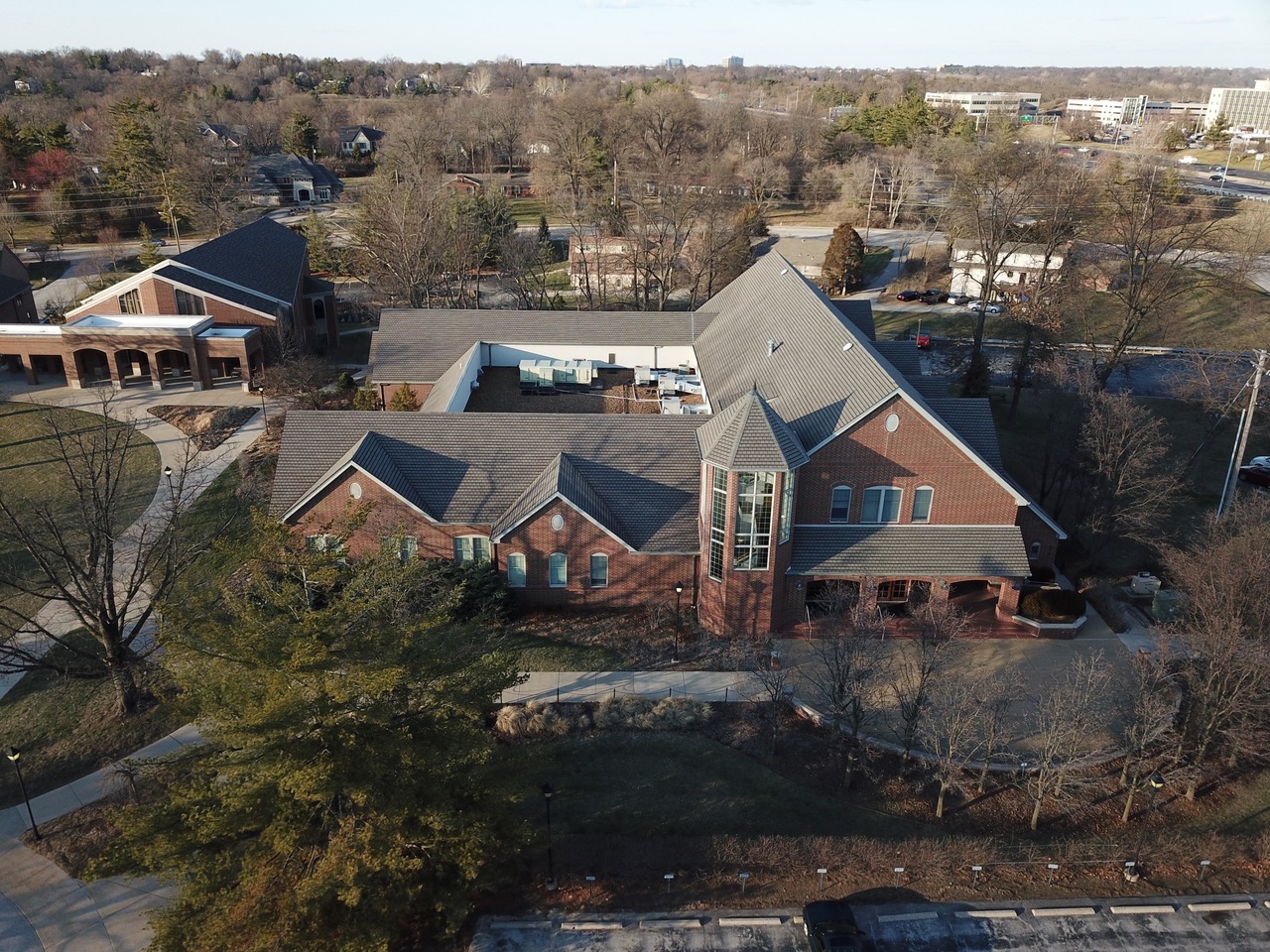 An aerial view of Covenant Theological Seminary's brick campus in St. Louis.