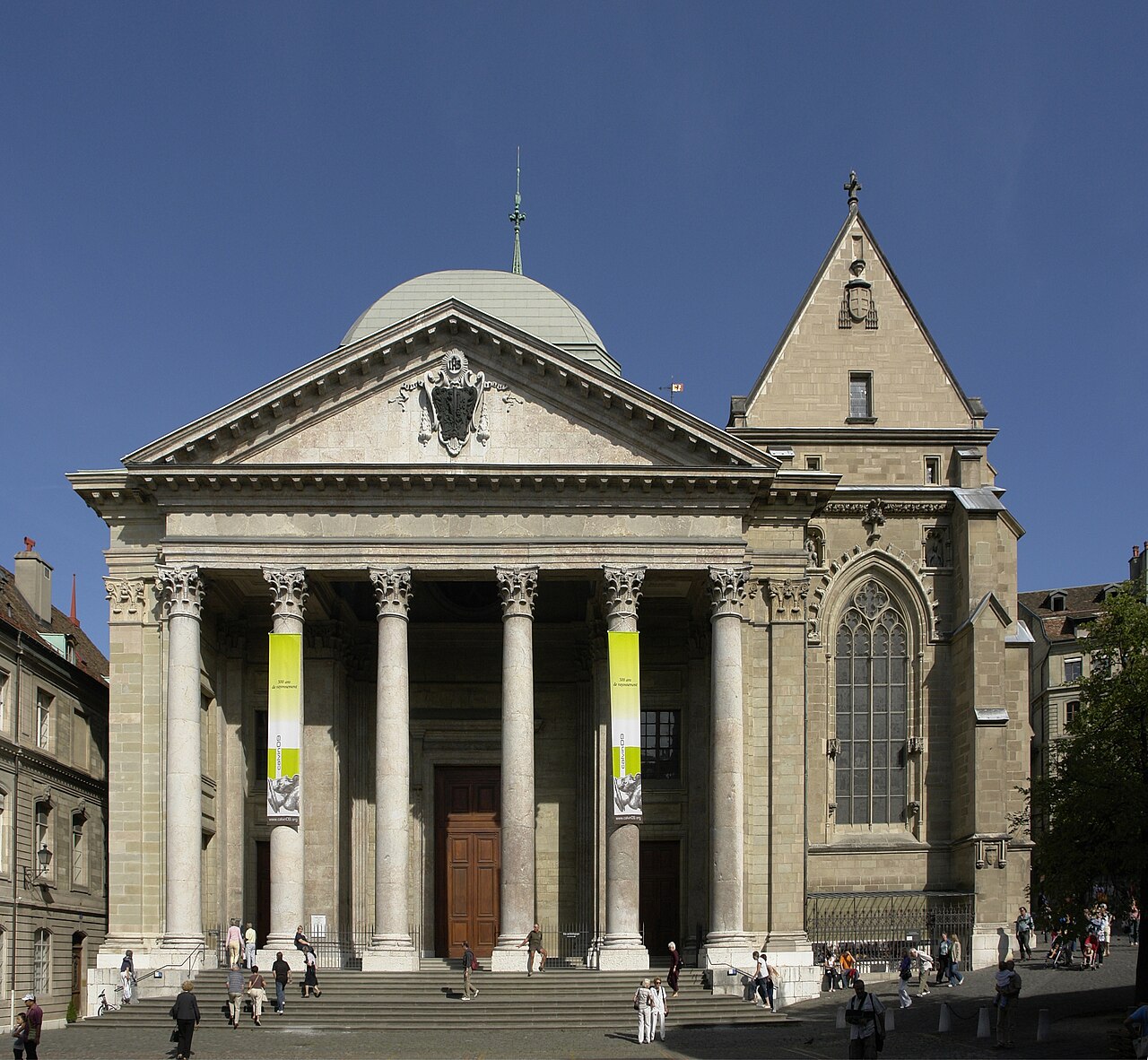 The facade of St Pierre Cathedral in Geneva.
