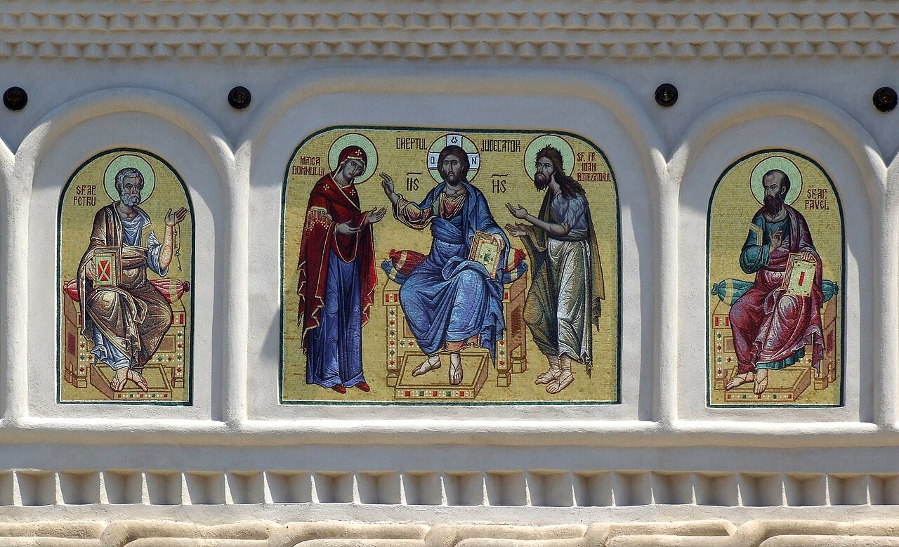 Mosaics of Christ and the saints on the facade of the Romanian Patriarchal Cathedral in Bucharest.