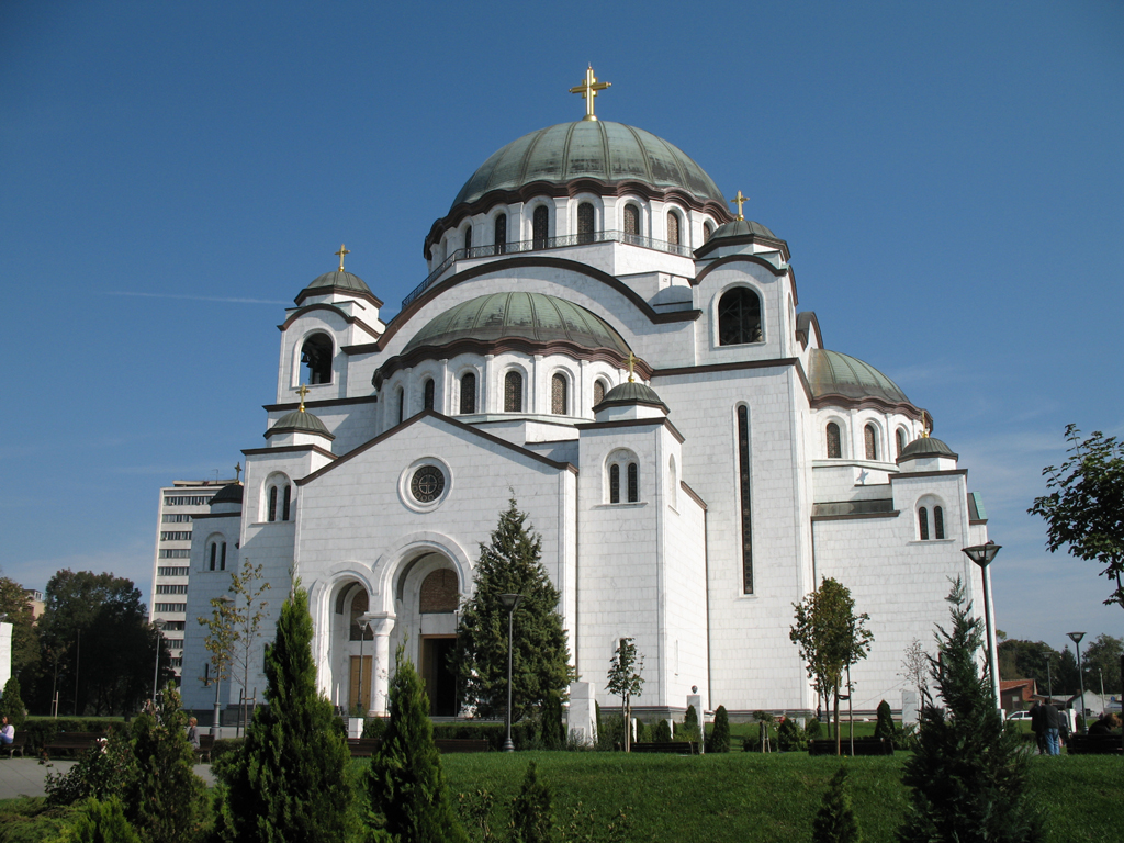 The Temple of Saint Sava in Belgrade, white under a blue sky.