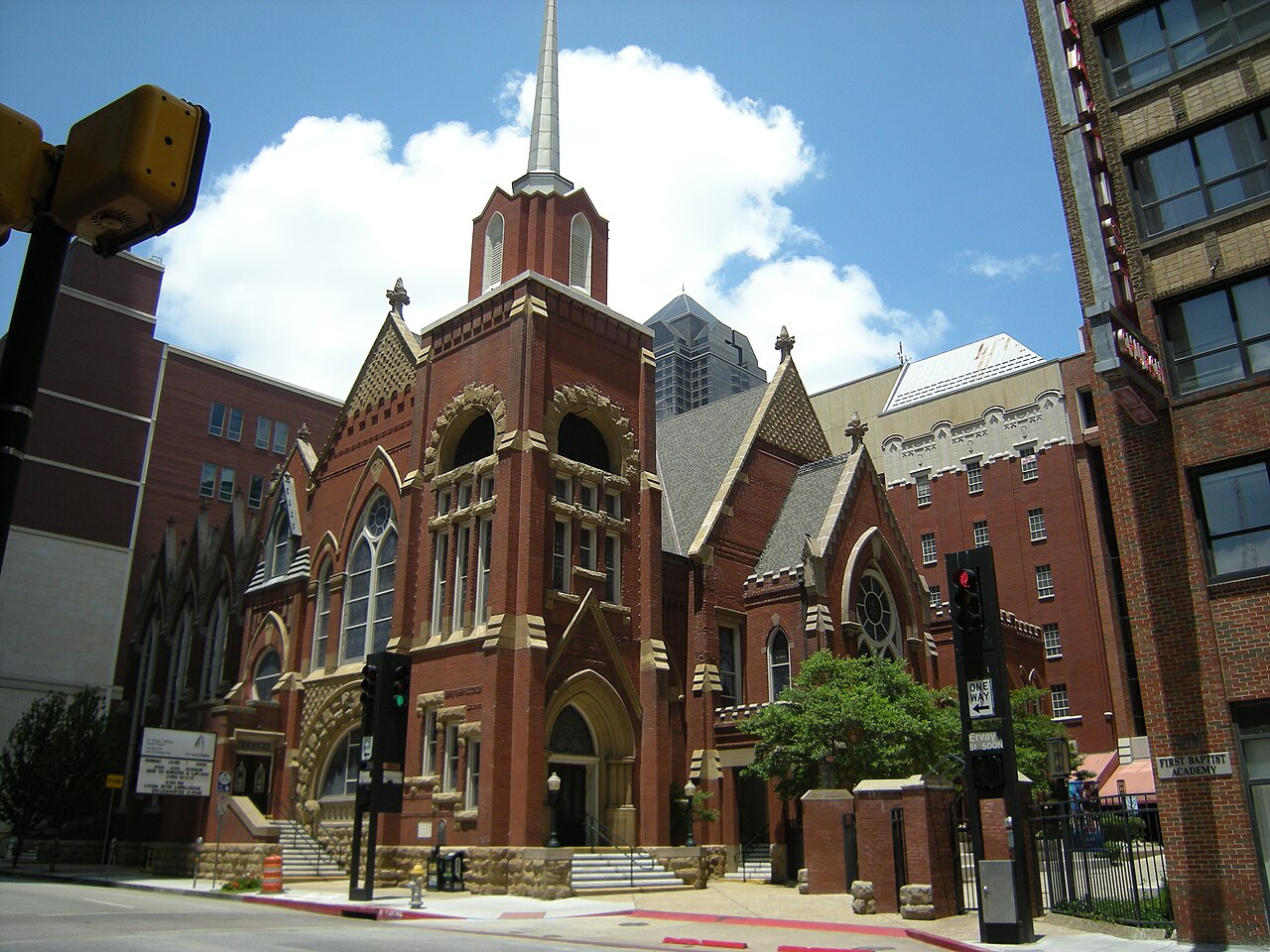 The First Baptist Church of Dallas, Texas, a red-brick church in the city center.