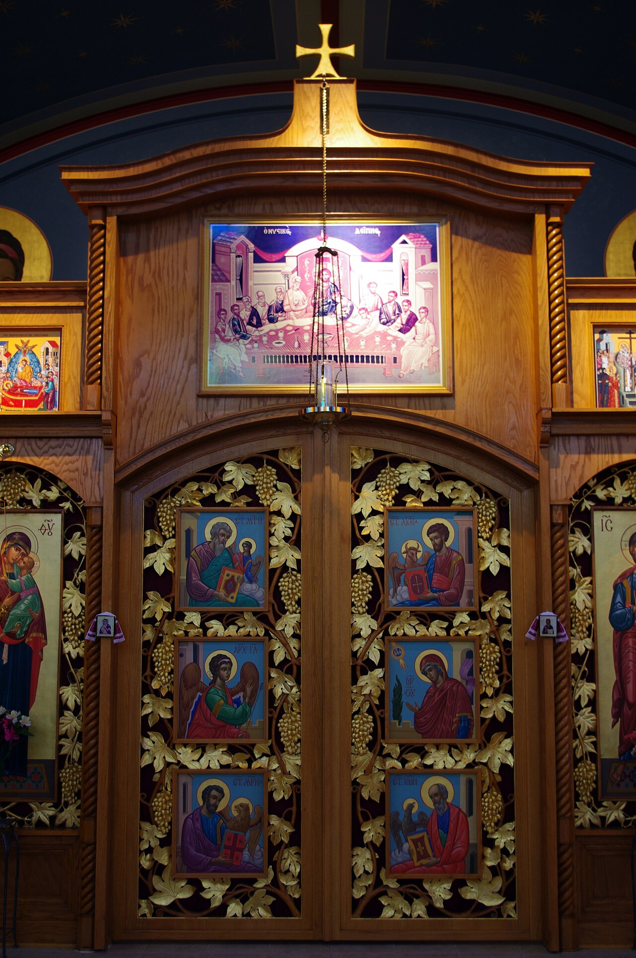 The royal doors of the iconostasis at St John Chrysostom Byzantine Catholic Church in Columbus, Ohio, painted with icons.