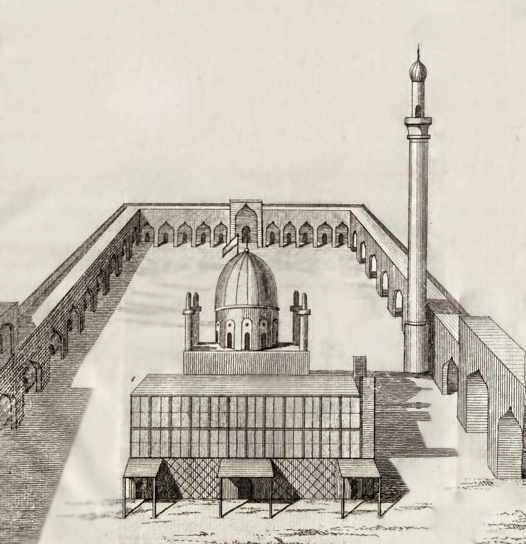 A nineteenth-century engraving of the Imam Husayn Shrine in Karbala, showing the domed sanctuary, its minaret, and the long walled courtyard.