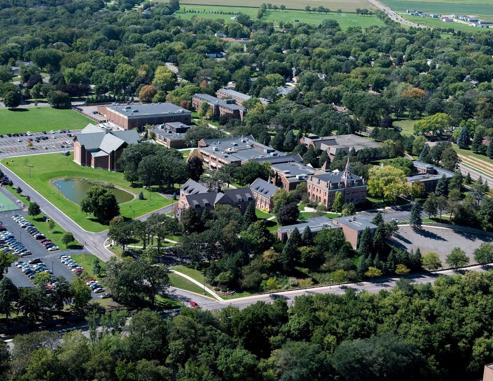An aerial view of the green Martin Luther College campus in New Ulm, Minnesota.