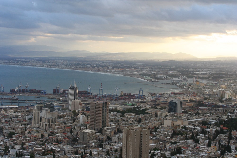 Sunrise over Haifa Bay, below the Bahá'í World Centre on Mount Carmel.