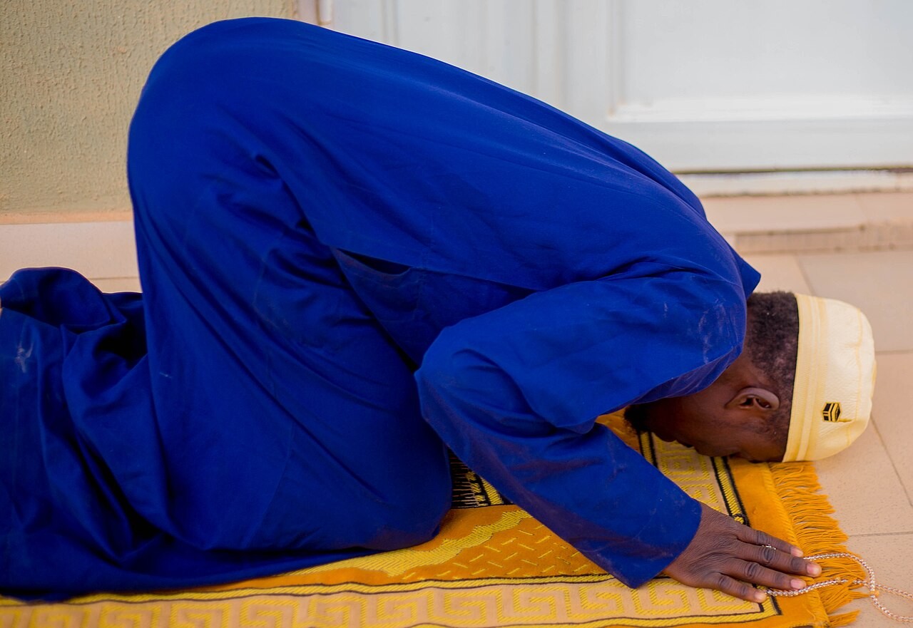 A Muslim worshipper in sujūd, the prostration of the daily prayer.