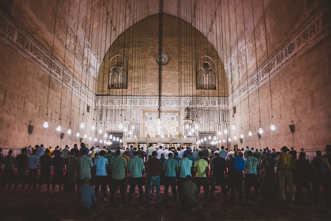 Worshippers at night prayer in the Sultan Hassan Mosque in Cairo.