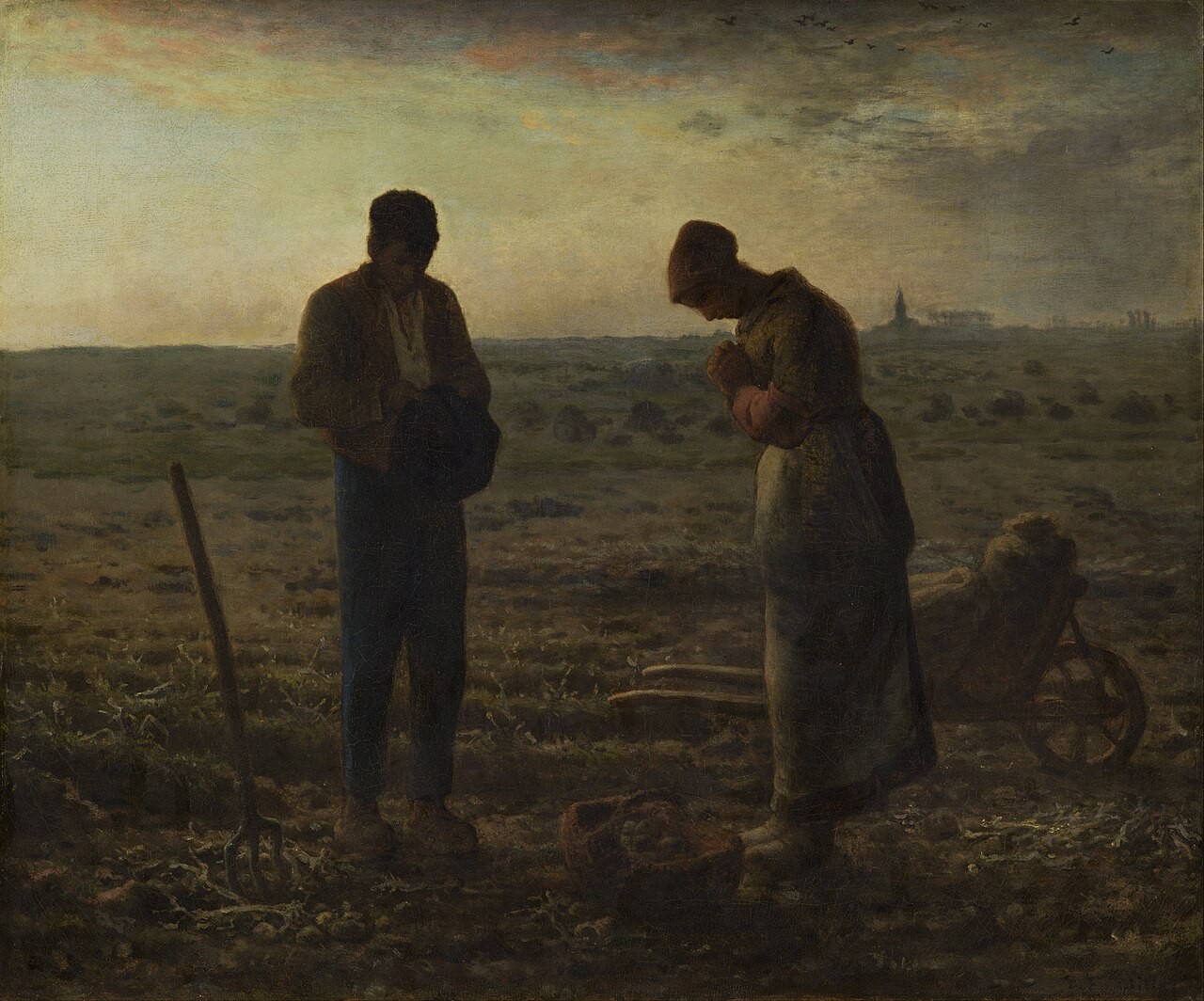 Jean-François Millet's painting The Angelus, showing two peasants pausing at dusk to pray.