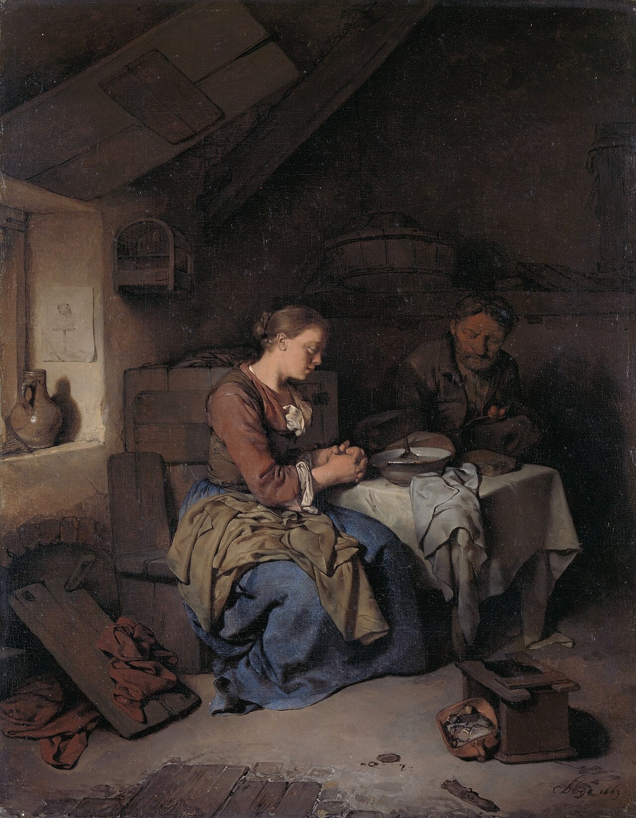 Cornelis Bega's painting of an elderly man in solitary prayer at a table.