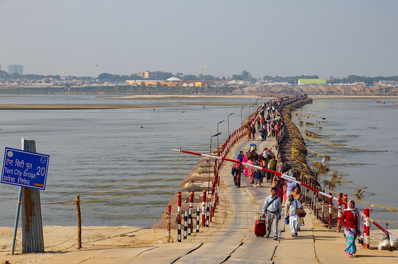 Pilgrims at the Kumbh Melā, the great pilgrimage gathering at the river confluence.