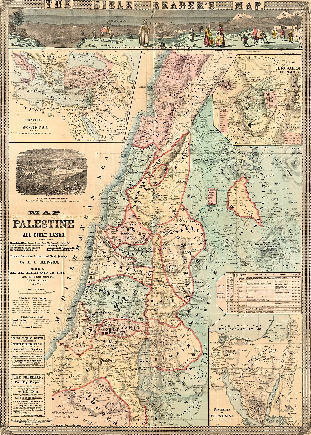 'The Bible Reader's Map' of 1873, a colored atlas sheet with a panorama of the Holy Land from Mount Pisgah above maps of Palestine and the biblical world.