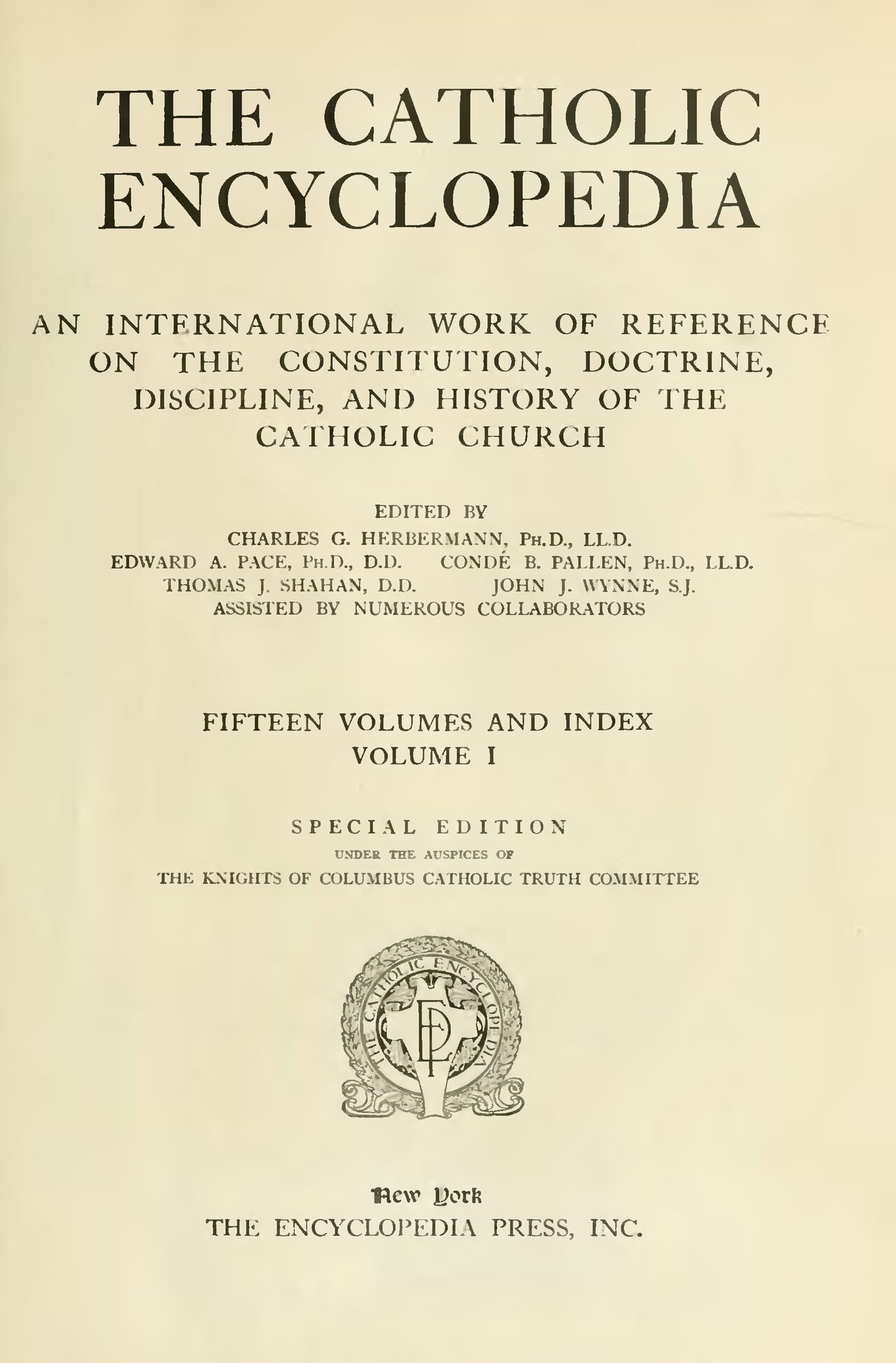 The title page of The Catholic Encyclopedia, Volume I, naming Charles G. Herbermann as editor-in-chief, in the Special Edition published by The Encyclopedia Press.