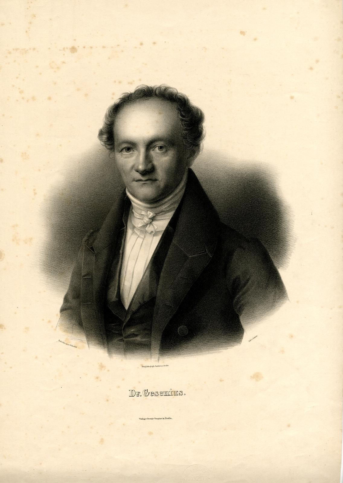 An engraved bust portrait of Wilhelm Gesenius, captioned 'Dr. Gesenius,' showing a young man in a high collar and dark coat.