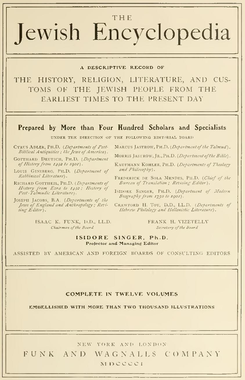 The title page of The Jewish Encyclopedia, describing it as a record of the history, religion, literature, and customs of the Jewish people, published by Funk and Wagnalls in 1901.